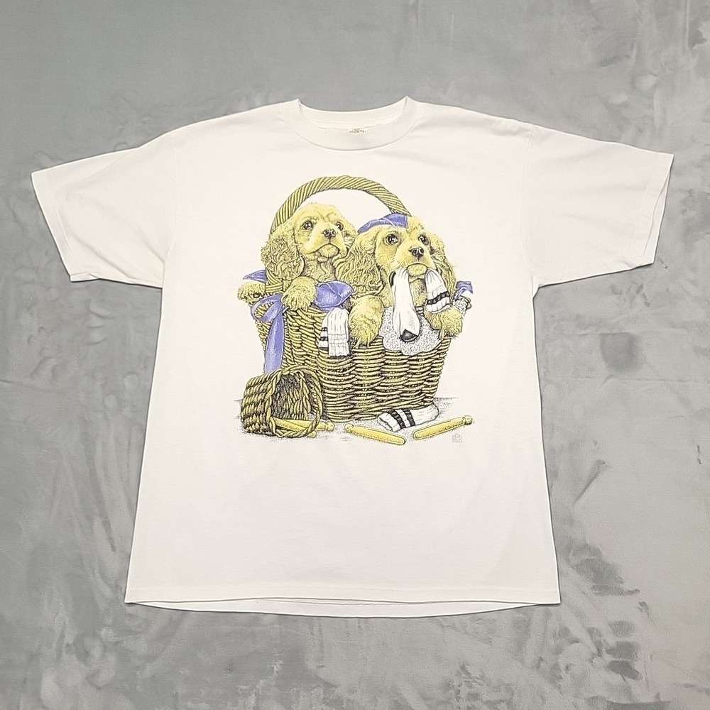 Vintage Single Stitch Shirt Men L White‎ Puppies Basket Graphic Tee Made In USA
